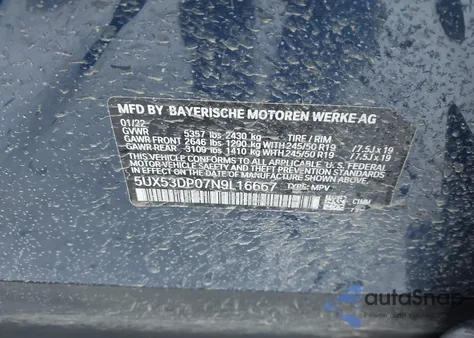 2022 BMW X3 xDrive30I из США, поврежденный, VIN 5UX53DP07N9L16667